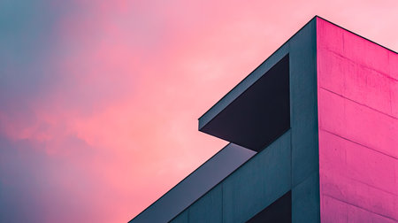 This artwork features a modern architectural detail with a dramatic sunset sky. Soft pink and blue tones create a serene atmosphere, enhancing the concrete structure.の素材