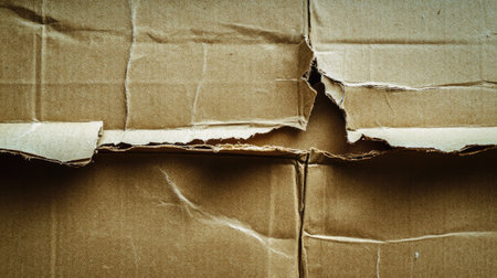 A close-up view of crumpled and torn brown cardboard, showcasing its texture and creases. This image is perfect for use in packaging or design projects.の素材