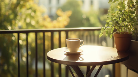 A cozy balcony scene featuring a cup of coffee on a small table beside a vibrant potted plant, bathed in warm natural light, perfect for relaxation and enjoyment.の素材