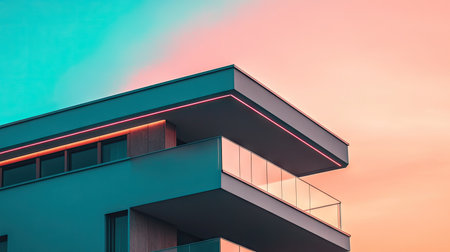 Captivating modern building features a unique design against a colorful sunset sky, highlighting vibrant contrasts and striking geometry in urban living spaces.の素材