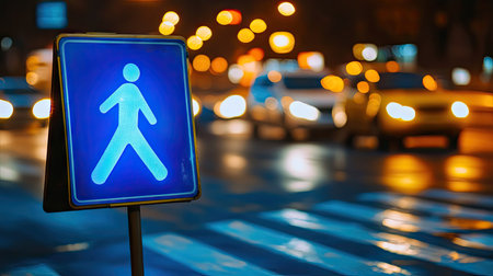 An illuminated pedestrian signal stands at a crosswalk, highlighting urban safety amidst bustling city traffic and vibrant bokeh lights at night.の素材
