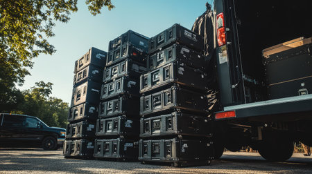 A collection of stacked black cases sits ready in the back of a truck under a clear sky, highlighting organized transportation for equipment in an outdoor urban setting.の素材