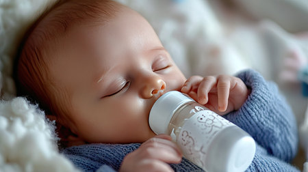 A serene image of a sleeping baby peacefully holding a milk bottle while snuggled in a cozy blanket. Soft lighting enhances the tranquility and innocence of the moment.の素材