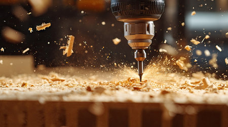 Dynamic scene of a spinning electric drill in action, creating sparks and flying wood shavings in a busy workshop, highlighting craftsmanship and precision.の素材