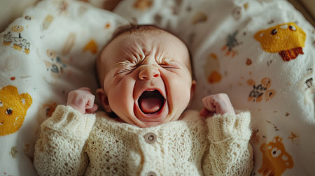 This image captures a newborn baby crying, showcasing the raw emotions of infancy. Surrounded by a cozy blanket, the soft light enhances the tenderness and innocence.の素材