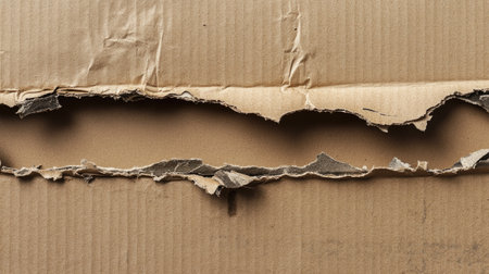 Detailed close-up of torn cardboard showcasing frayed edges and an exposed smooth interior surface, illustrating natural wear and unique texture for creative projects.の素材