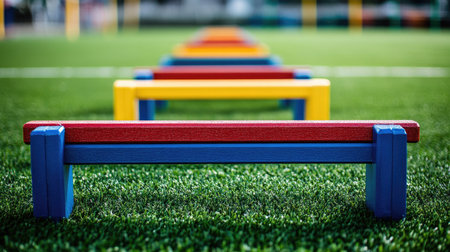 Colorful training equipment arranged on green synthetic turf provides a vibrant setting for fitness activities and sports. Ideal for coaching and team practice sessions.の素材