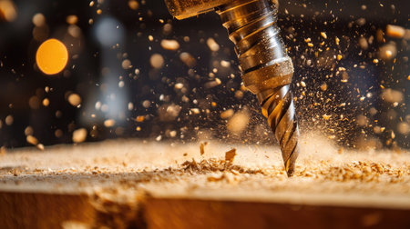 A close-up capture of a power drill in action, cutting through wood with flying shavings, showcasing the dynamic energy of woodworking and craftsmanship in motion.の素材