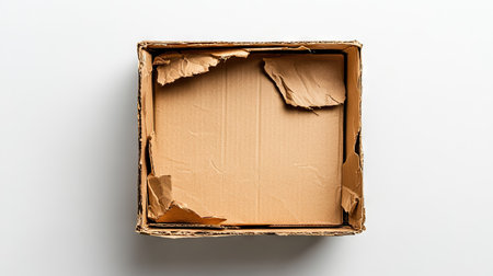 This image features a worn cardboard box with torn edges, positioned on a clean white background. Ideal for discussions surrounding packaging, recycling, and minimalism.の素材