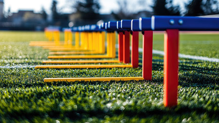 Colorful hurdles line an outdoor sports field, creating a vibrant training environment for athletes. The blurred background emphasizes the focus on agility and performance.の素材