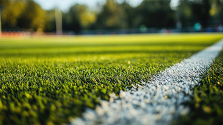 Detailed view of a lush green grass field with a crisp white line marking, capturing the tranquil essence of outdoor sports activity in soft, warm lighting.の素材