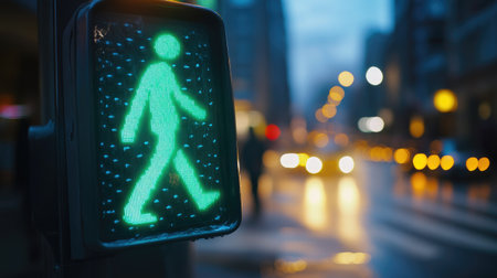 The image showcases a green pedestrian signal in an urban setting, shining brightly against a blurred backdrop of cars and city lights, conveying movement and safety.の素材