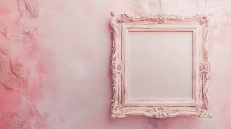 A beautiful ornate vintage frame is positioned against a soft pink textured wall, creating an ideal backdrop for art display and interior design inspiration.の素材
