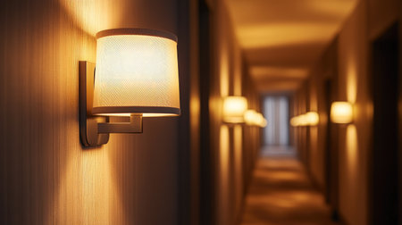 A serene hotel corridor bathed in warm light from stylish wall lamps, offering a cozy and inviting atmosphere perfect for relaxed travel experiences.の素材