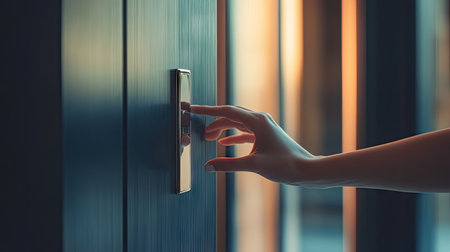 A close-up image of a hand pressing a modern doorbell, set against a softly lit background. This shot captures the essence of hospitality and modern design in a home.の素材