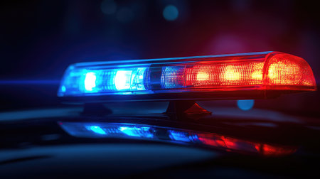 An emergency vehicle light bar with vibrant red and blue flashing lights shines against a dark backdrop. Ideal for showcasing law enforcement and public safety themes.の素材