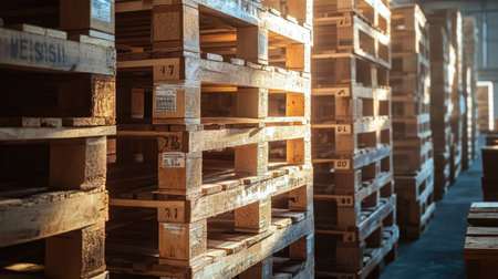 A stunning view of stacked wooden pallets in a warehouse, illuminated by warm light, showcasing the efficiency and organization of industrial storage solutions.の素材