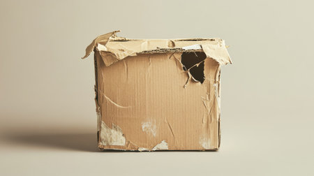 A damaged cardboard box showcasing signs of wear and tear against a neutral backdrop, ideal for themes around delivery, packaging, waste, and recycling.の素材