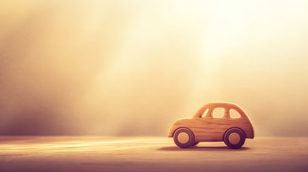 A charming wooden toy car sits on a wooden surface, bathed in soft golden light, evoking nostalgia and warmth, perfect for children's spaces or playful themes.の素材