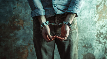 This powerful image captures a man in handcuffs, expressing vulnerability and tension against a gritty backdrop. It conveys themes of restraint and emotional struggle.の素材