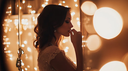 A serene profile view of an elegant woman surrounded by twinkling lights that create a dreamy atmosphere, evoking feelings of beauty and tranquility in soft focus.の素材