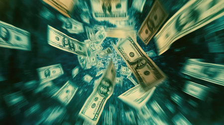 Dynamic visual of money falling in motion, symbolizing financial success and abundance in a business context. An engaging representation of wealth and opportunity.の素材