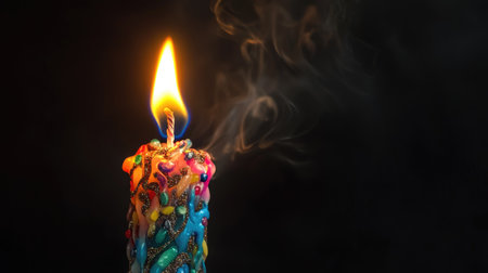 A vibrant candle with colorful dripping wax radiates warmth, while a gentle flame flickers above, surrounded by wisps of smoke. The dark background enhances its beauty.の素材