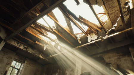 An atmospheric scene of light filtering through a damaged roof in an abandoned building. Dust particles shimmer in the shafts of sunlight, highlighting the decay and loneliness.の素材