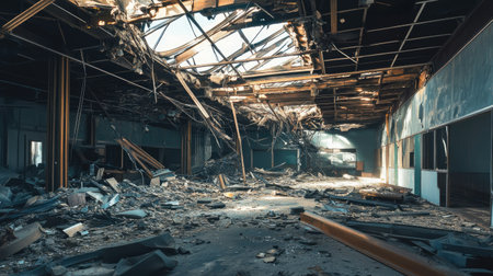 An evocative image capturing the interior of an abandoned industrial space, revealing a dramatic collapse and decay. Soft daylight filters through the damage, enhancing the atmosphere.の素材