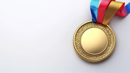 A stunning gold medal hangs from a vibrant ribbon, representing achievement and victory. This image is perfect for themes of success and recognition in sports and competitions.の素材