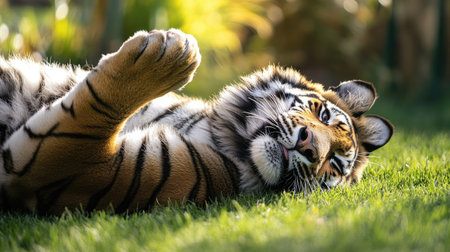 A majestic tiger lies on green grass, showcasing its beautiful stripes and relaxed demeanor. The image captures the serene moment in its natural habitat, surrounded by nature.の素材