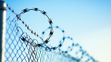 Close-up view of barbed wire coils stretched along a chain link fence set against a vivid blue sky, symbolizing security, danger, and isolation in an outdoor environment.の素材