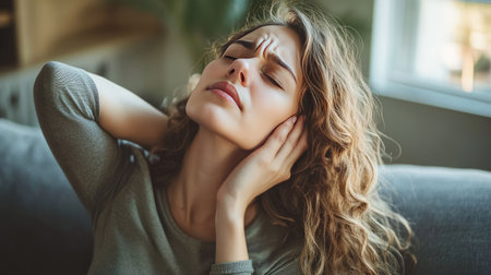 A young woman sits on a couch, hands pressed to her ears, expressing discomfort in a bright living room. This scene captures the emotional and physical struggles of daily life.の素材