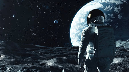 A lone astronaut stands on the moon's surface, gazing back at Earth amidst a backdrop of sparkling stars, showcasing the beauty and mystery of space exploration.の素材