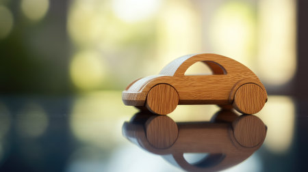 A charming wooden toy car sits on a reflective surface, showcasing a warm, playful design. The soft focus background enhances the nostalgic and imaginative feel.の素材