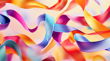 A stunning collection of flowing ribbons in diverse colors, creating a visually captivating scene. Perfect for design projects, celebrations, and artistic endeavors.の素材