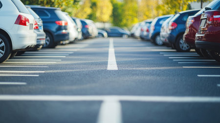 A serene view of a parking lot filled with parked cars, showcasing an organized layout and vibrant natural light, perfect for urban lifestyle and transportation themes.の素材
