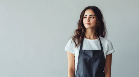 A stunning young woman wearing a white t-shirt and gray apron poses confidently against a minimalistic white background, embodying a relaxed and stylish vibe in a domestic setting.の素材