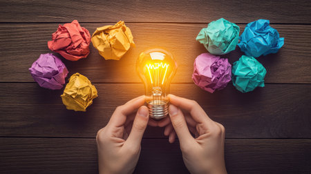 Hands hold a glowing light bulb symbolizing bright ideas amidst colorful crumpled papers, evoking creativity and inspiration for innovative thinking and solutions.の素材