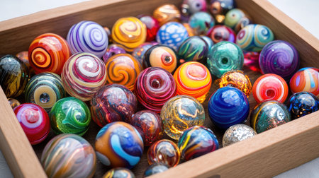 A captivating collection of colorful glass marbles arranged in a rustic wooden tray, showcasing artistic designs and vibrant colors, perfect for decor or play.の素材