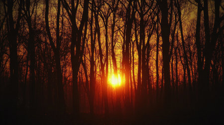 A captivating sunset shines through an enchanting forest. The golden sunlight casts dramatic silhouettes of trees, creating a vibrant and serene atmosphere.の素材
