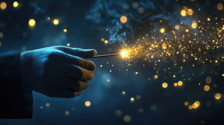 A captivating image of a gloved hand holding a magic wand, casting sparkles into the air. Dark ambiance enhanced by bokeh lights creates a whimsical atmosphere.の素材