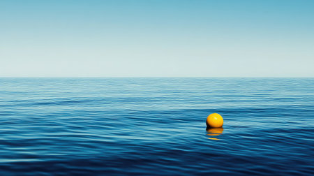 This image features a bright orange buoy floating on the tranquil, blue surface of the ocean under a clear sky, evoking feelings of peace and serenity.の素材