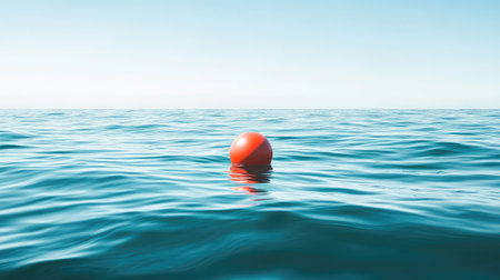 A vibrant red buoy rests peacefully on the surface of calm ocean waters under a clear blue sky, capturing the essence of tranquility and the beauty of nature.の素材
