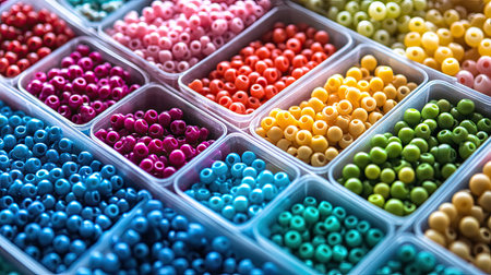 A vibrant collection of colorful beads arranged in neat transparent containers, perfect for artists and DIY enthusiasts seeking creativity and inspiration in their projects.の素材
