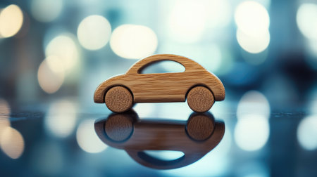 A charming wooden toy car reflects on a shiny surface against a backdrop of soft, blurred lights. This image evokes themes of creativity, play, and childhood imagination.の素材