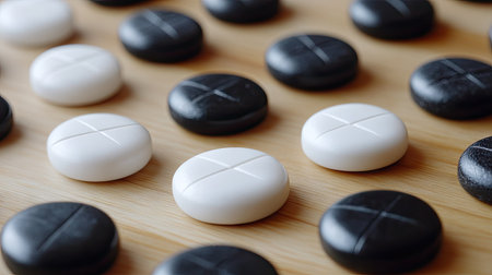 Close-up view of black and white Go game stones arranged on a wooden board, illustrating the intricacies of strategy and tradition in gameplay. Perfect for game enthusiasts.の素材