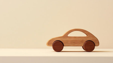 A charming wooden toy car rests on a sleek surface, radiating simplicity and warmth. Ideal for enhancing play areas or as a delightful decor piece in a child's space.の素材