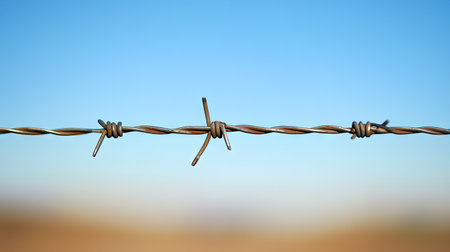 A detailed close-up of barbed wire fencing against a bright blue sky, symbolizing boundaries and security, perfect for nature and agricultural-themed projects.の素材