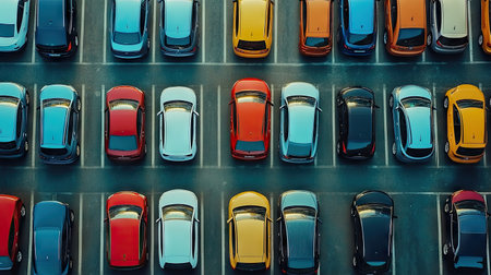 Discover a vibrant aerial view of neatly parked cars in various colors and styles in an urban parking lot, showcasing modern automobile design under the sun.の素材